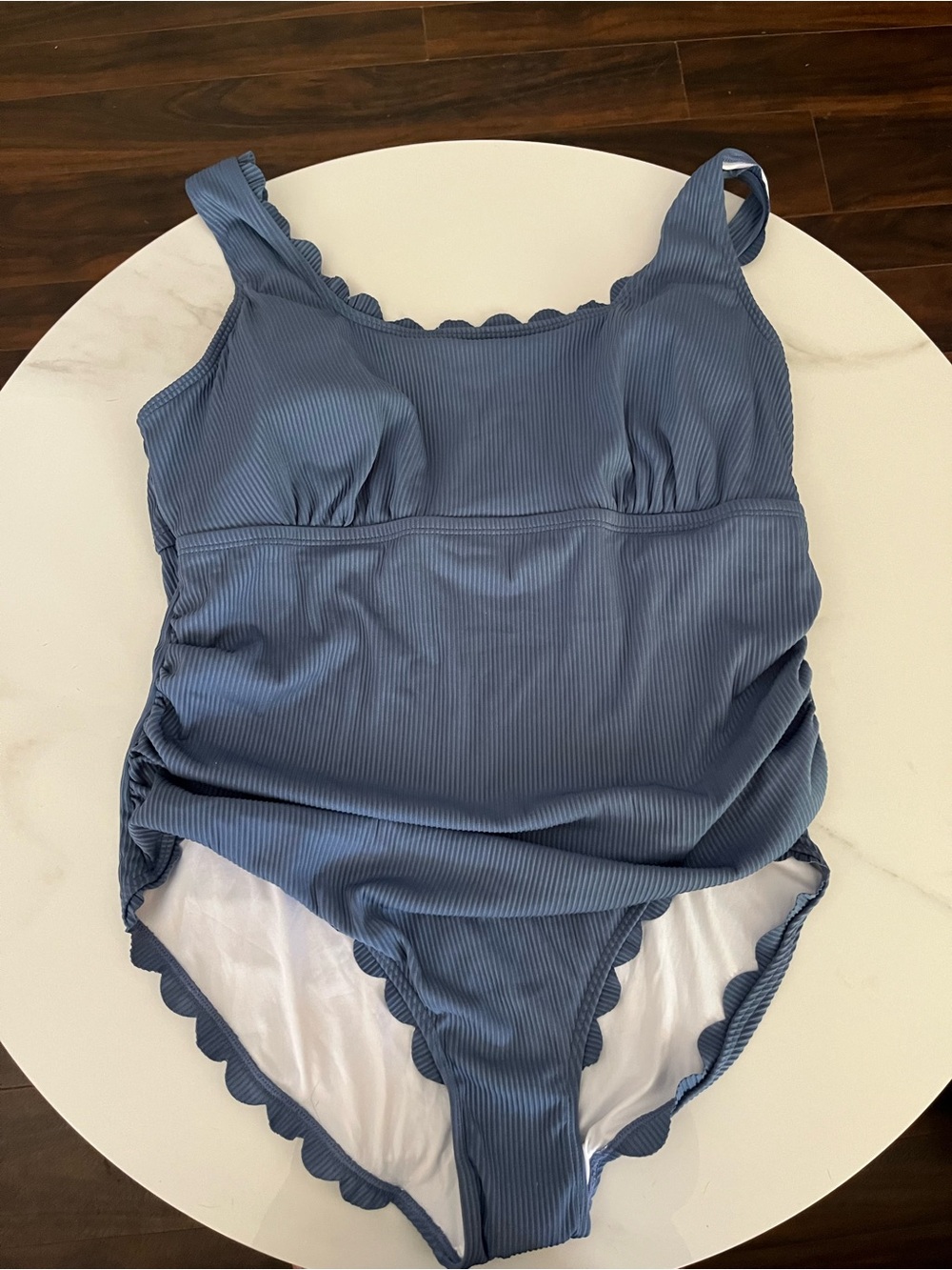 Women’s Ribbed Blue One-Piece Swimsuit with Scalloped Trim